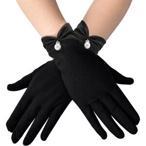Women's Black-2 Short Satin Pearl Bow Wrist Gloves Bridal Wedding Party Prom
